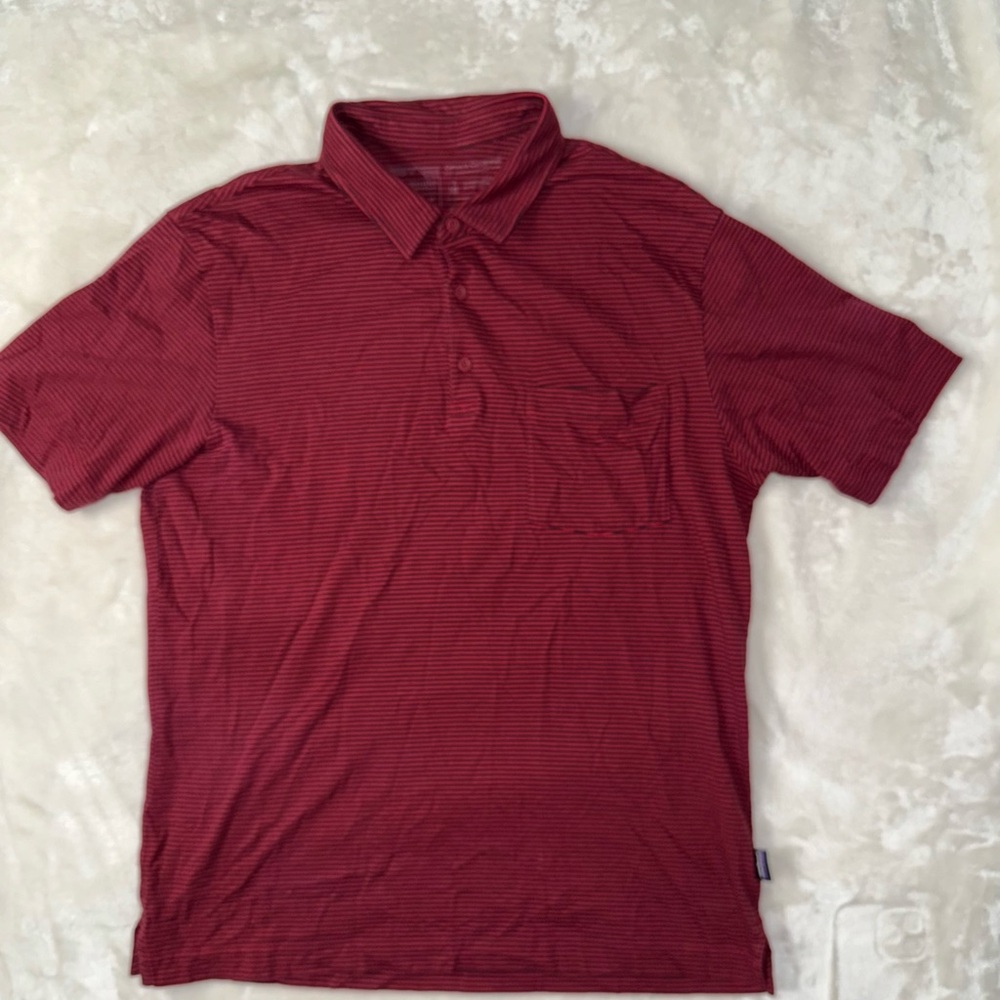 Patagonia Men's Black and Red Striped Polo Shirt